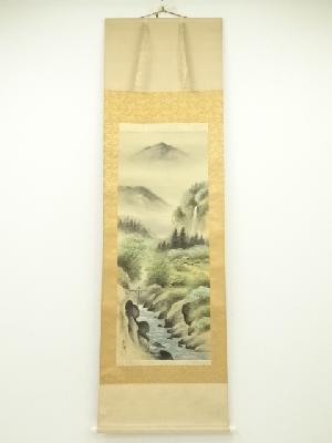 山口泰樹筆　彩色山水　肉筆絹本掛軸（共箱）